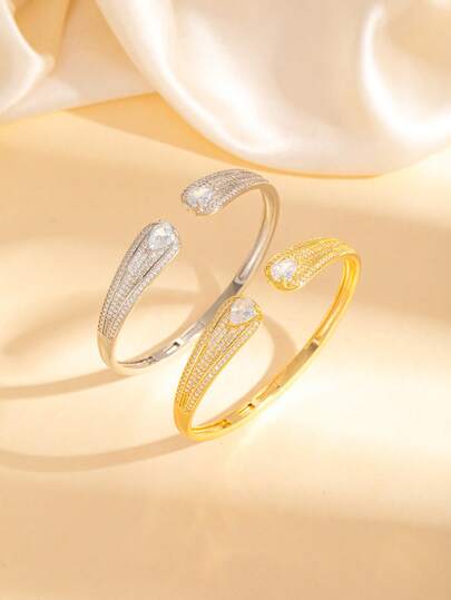 1 pieza Brazalete de primavera ajustable para mujer, elegante y versátil, de lujo exquisito, con circonita cúbica en forma de gota de agua y diseño abierto de serpiente, joyería de fiesta para uso diario