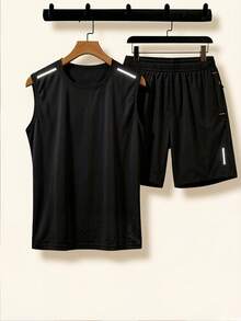 Men's Black Sports Casual Tank Top And Shorts 2 Pieces Set, Reflective Strip Design On Shoulders And Legs, Shorts With Zipper Large Pockets - Black - View 2