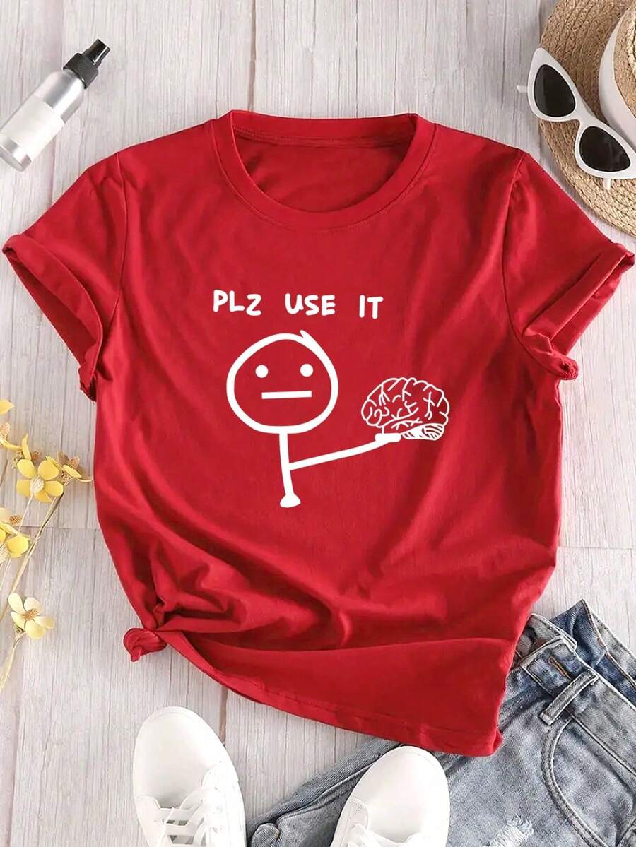 Women's Short Sleeve T-Shirt With Interesting Print - Graphic Tees For Women - Vintage Street Style Unisex Loose Cotton Short Blouses For Women. Blouses. Casual Blouses For Ladies. - 紅色 - 查看 1