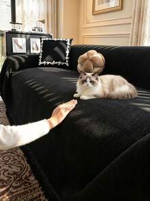 1pc Modern Soft Tassel Sofa Cover, Machine Washable, Pet Friendly, Black Sofa Throw Blanket, Dust-Proof Furniture Slipcover, Suitable For Armchair, Sectional Sofa, Home And Office Decor - Black - View 3