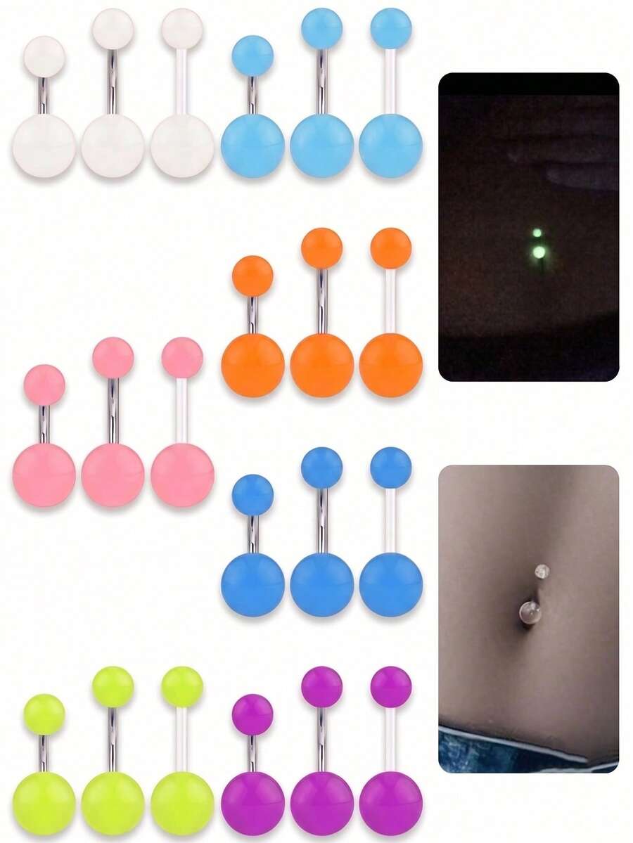 CIZME Glow-In-The-Dark Plastic Navel Rings, Neon Rubber Acrylic Navel Piercing Jewelry Set, Stainless Steel Navel Rings, 14G, 6mm, 10mm, Multi-Color Short Navel Rings Piercing Jewelry, Unisex - Belly Rings - View 1