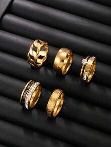 5pcs Minimalist Men's Ring Set, Stainless Steel Hollow Chain Roman Numeral Engraved Rhinestone Double Band Rings, Men's Accessories - 5 Openwork Diamond-encrusted Rings - View 17