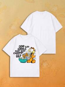 SHEIN | Garfield 女款復古美食愛好者卡通圖案寬鬆大號T恤，休閒基礎短袖上衣，適合女孩晚餐約會與週末休閒穿著 - 白色 - 查看 7