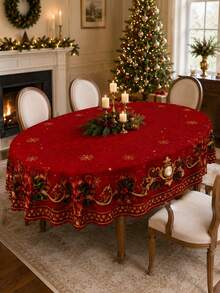 1 Stück luxuriöse rote und goldene Stechpalmen-Schleife mit verzierter Randdruck runde Tischdecke - ideal für formelle Feiertagsdekoration, Heimdekoration, Raumdekoration, Garten, Küche, Hochzeit, elegantes Weihnachtsessen & Neujahrsfeier - Verschiedenfarbig - Übersicht 18