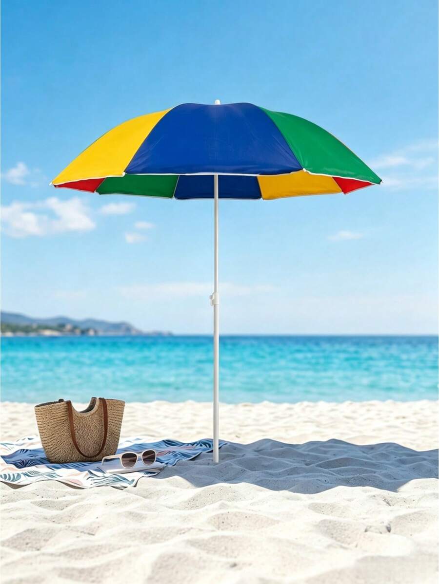 1pc Oversized Color-Block Beach Parasol - Adjustable Height, UPF50+, Portable Outdoor Sun Canopy, Ideal For Beaches, Pools, Camping, Courtyards And Summer Vacations - A - View 1