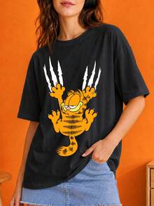 SHEIN | Garfield 女款黑色寬鬆短袖T恤，抓痕卡通貓圖案，適合日常街頭、旅行、約會的休閒穿搭 - 黑色 - 查看 2
