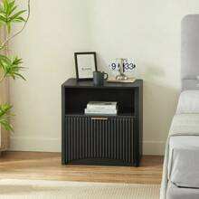Grooved Bedside Table With Open Drawer And Gold Handles, Space-Saving, Ideal For Bedrooms And Living Rooms, Black - Black - View 5