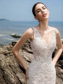 HEARBOBO Baroque Style Cute White Elastic Floral Lace Patchwork Wedding Dress With Train - White - View 2