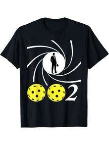 Men's Pickleball Spy Print T-Shirt, Casual Short Sleeve Crew Neck Tee, Breathable Cotton Fabric, Slightly Stretchy, Fashionable V-Neck Top - 黑色 - 查看 1