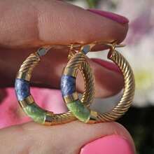 Retro Blue-Green Contrast Twist Hoop Earrings, Unique Glazed Design, Minimalist Elegant Earrings For Women - Gold - View 1