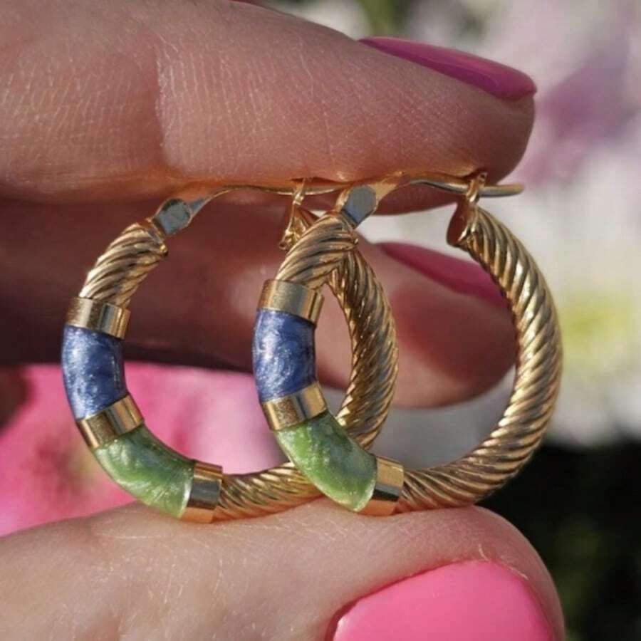 Retro Blue-Green Contrast Twist Hoop Earrings, Unique Glazed Design, Minimalist Elegant Earrings For Women - Gold - View 1