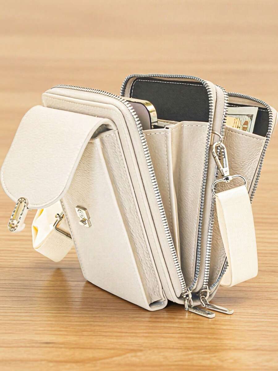 MINGYOU Nueva cartera bandolera, cremallera doble suave, bolso multifuncional de gran capacidad para teléfono, bolso bandolera dulce, lindo y exquisito para mujeres y estudiantes jóvenes, adecuado para compras, citas y regalos - Beis - Ver 1