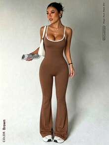 Damen Sommer Jumpsuit mit ausgestelltem Bein, elastische Yoga Hose, sexy rückenfreier Jumpsuit, unverzichtbar für Fitness, Pendeln, Streetwear und tägliche Outfits Sport - Braun - Übersicht 1