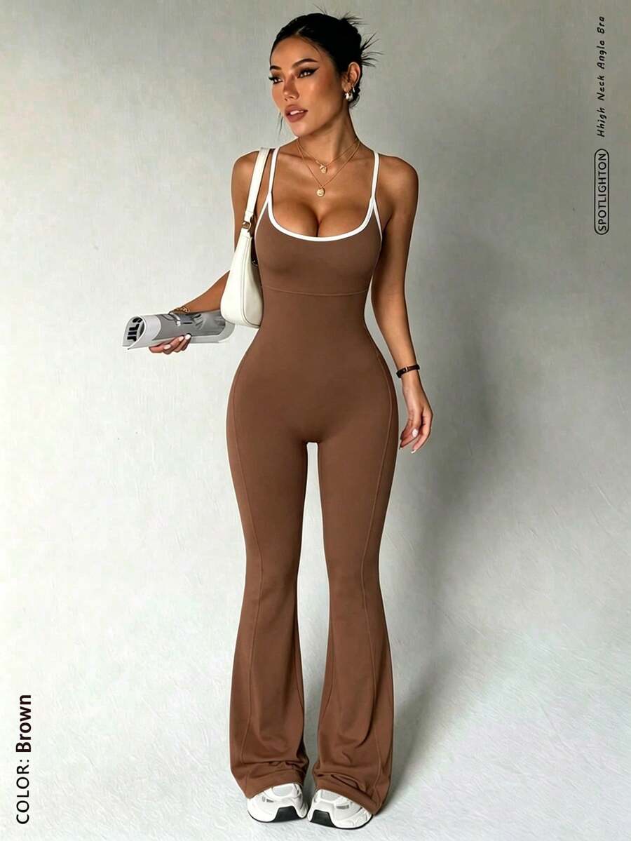 Damen Sommer Jumpsuit mit ausgestelltem Bein, elastische Yoga Hose, sexy rückenfreier Jumpsuit, unverzichtbar für Fitness, Pendeln, Streetwear und tägliche Outfits Sport - Braun - Übersicht 1