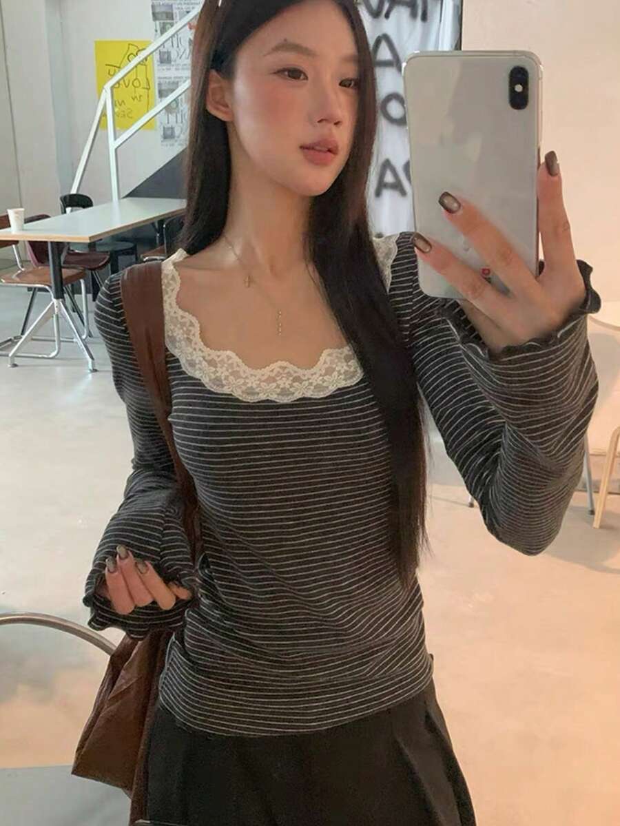 Women's New Gray Striped Long Sleeve Base Layer T-Shirt With Lace Patchwork Slim Fit Design Top - Dark Grey - View 1