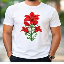 Men's Soft Breathable Black T-Shirt With Red Lily Print Painted With Decorative Spiral Stems, Loose Fit Ideal For Smart Casual Look And Everyday Wear With An Artistic Style - 白色 - 查看 2