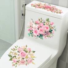 1pc Fresh Pink & White Floral Toilet Sticker Set, Self-Adhesive Glue-Free, Full Bathroom Toilet Decor Stickers - Multicolor - View 4