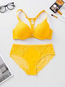 2 Sets Women's Elegant Front-Closure Lace Backless Bra And Lace Triangle Panty Bra Set, Comfortable One-Piece Bra Set - Multicolor - View 5