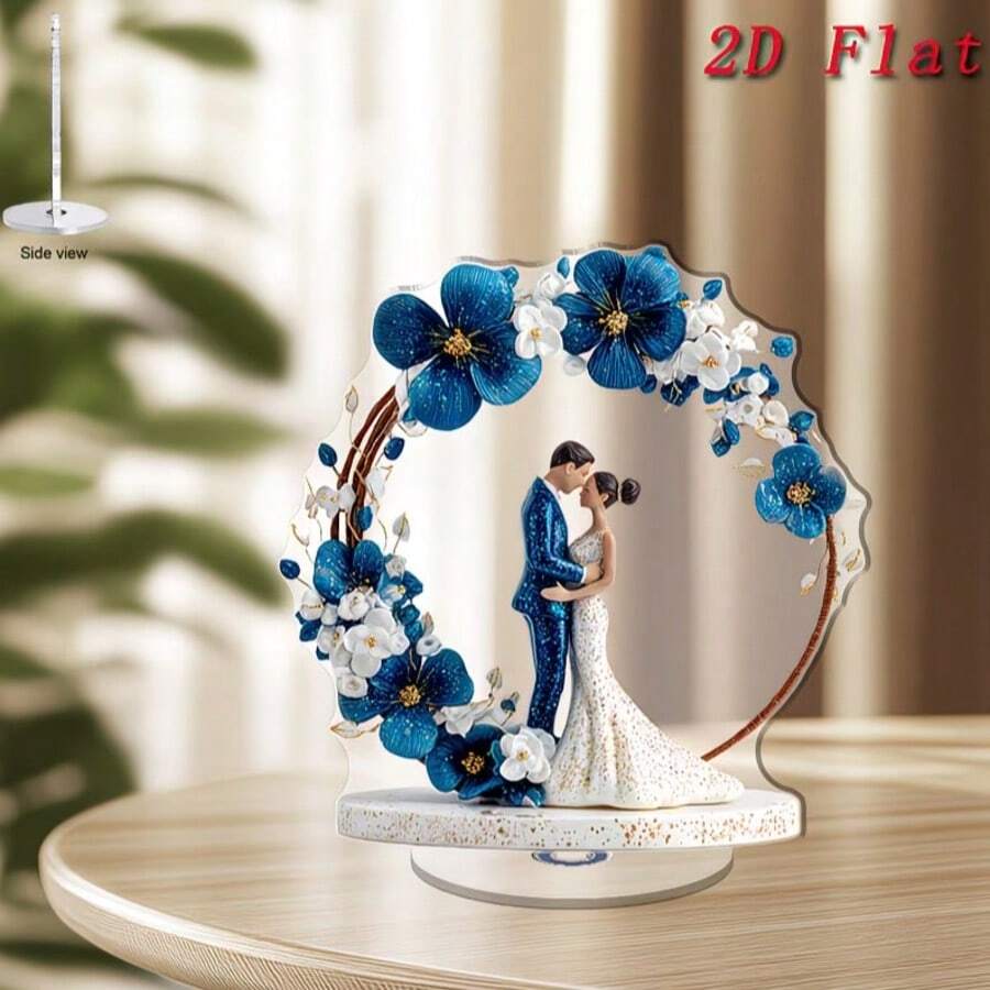 1pc 2D Flat Rotating Acrylic Wedding Couple Decor - 2D Flat Rotating Base With Blue & White Floral Arch, Sparkling Center Decoration, Suitable For Outdoor Tabletop Decor, Wedding/Anniversary Gift