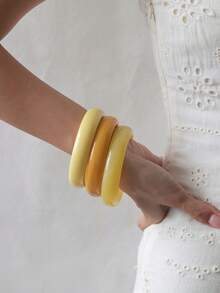 3pcs/Set Bohemian Style Asymmetrical Resin Unique Design Bracelets, Fashionable Versatile, Suitable For Women's Daily Commute, Travel, Vacation, Can Be Layered, Gift For Friends - Yellow - View 3
