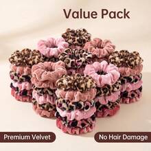 30/18/6pcs/Set Women's Velvet Hair Scrunchies, No-Crease Leopard Print Cute Elastic Hair Bands, Hair Accessories, Sweet Casual Soft, Gift Party Style, Solid Color & Printed - Multicolor - View 1