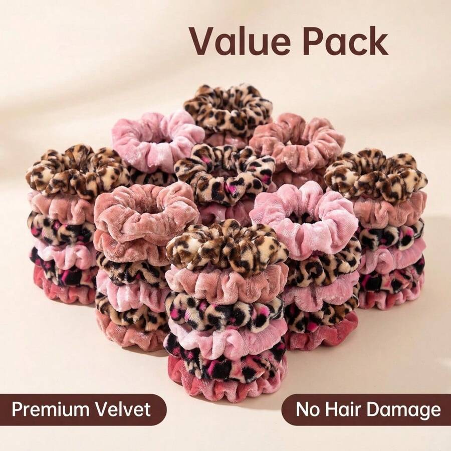 30/18/6pcs/Set Women's Velvet Hair Scrunchies, No-Crease Leopard Print Cute Elastic Hair Bands, Hair Accessories, Sweet Casual Soft, Gift Party Style, Solid Color & Printed - Multicolor - View 1