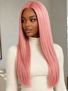 28 Inch Women's Pink Straight Hair Wig, Middle Part No Bangs, High Temperature Resistant Synthetic Fiber, Elegant Versatile, Suitable For Halloween Cosplay And Party Styling - Pink - View 4