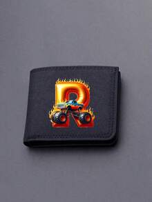 1pc Back To School Mini Cute Cartoon Personalized Fun 26 Excavator Construction Vehicle Flame Letter Print Bifold Wallet, Multiple Card Slots Inside, Can Hold Bank Cards, ID Cards, Cash, Meets Daily Travel Storage Needs. Suitable As Fan Gift, Birthday Small Gift. - Black - View 7