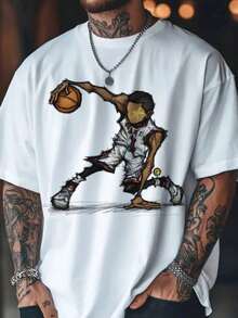 Camiseta de manga corta con cuello redondo y gráfico de jugador de baloncesto para hombres| Diseño exquisito| Esencial de verano| Fácil de combinar 9INR - Blanco - Ver 1