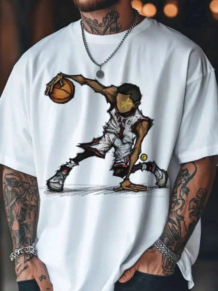 Camiseta de manga corta con cuello redondo y gráfico de jugador de baloncesto para hombres| Diseño exquisito| Esencial de verano| Fácil de combinar 9INR - Blanco - Ver 1
