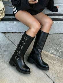 Vintage Combat Boots For Women Round Toe Buckle Straps Side Zipper Chunky Mid Heel Mid Calf Jaripeo Boots Countryside Retro Cowgirl Outfits For Women - 黑色 - 查看 4