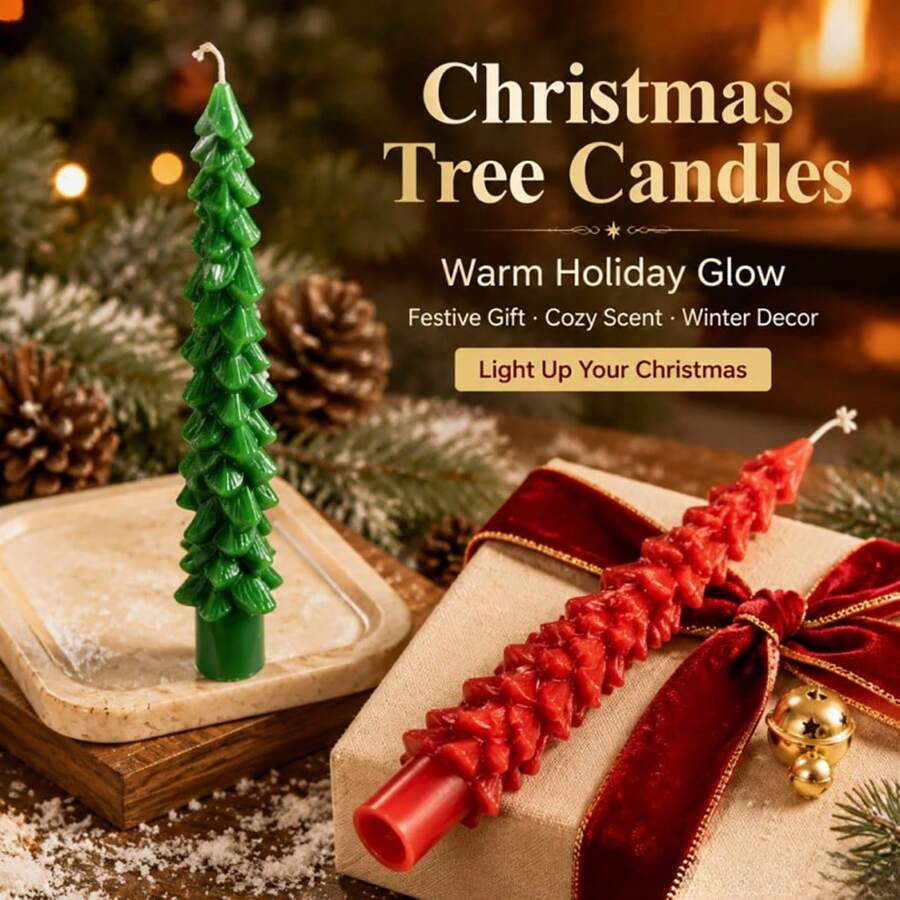 Set de 2 velas de árbol de Navidad, decoración navideña roja y verde. Velas realistas vintage hechas a mano reutilizables con brillo para mesa festiva, repisa de chimenea, sala de estar, decoración del hogar interior. Regalo de Feliz Navidad y Año Nuevo. Árboles artificiales rústicos de Navidad de invierno.