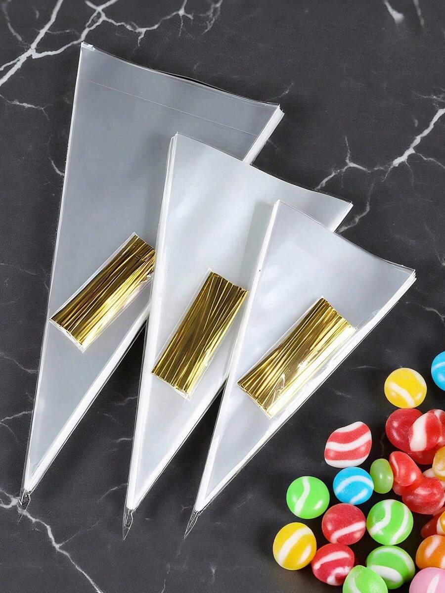 50/100/200pcs Transparent Cone-Shaped Packaging Bags, Waffle Cone Bags, Cone-Shaped Snack Bags, Triangular Food Bags With Twist Tie - Convenient And Practical, Moisture-Proof, Suitable For Candy, Chocolate, Cookies, Pastries, Marshmallows, Snacks And More - Multicolor - View 1