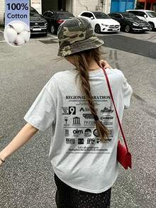 女士休闲圆领字母卡通印花宽松短袖T恤，适合春夏穿着 - 淺花灰 - 查看 2