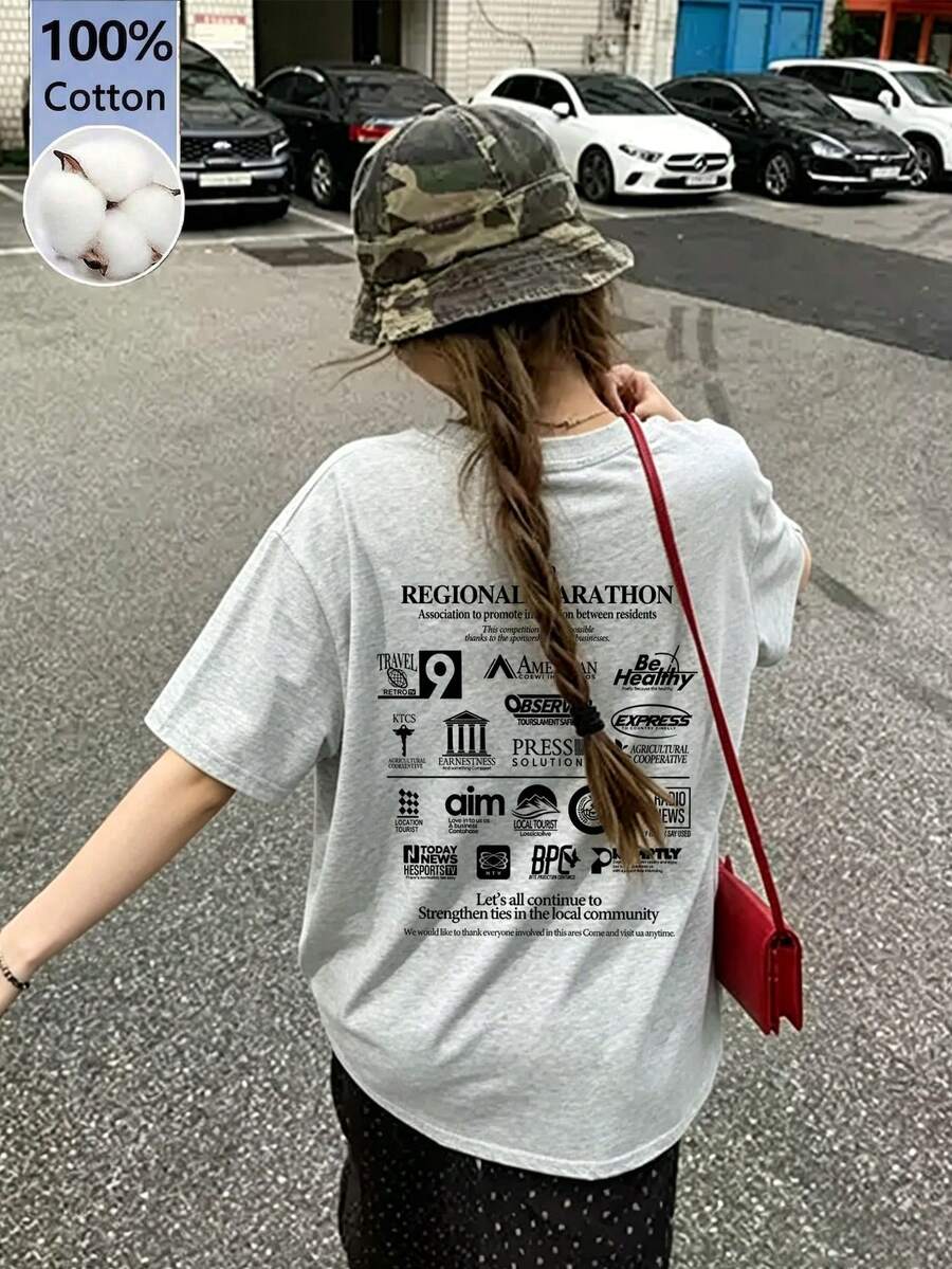 Women's Casual Round Neck Letter & Cartoon Print Loose Fit Short Sleeve T-Shirt, Versatile For Spring/Summer - Light Gray - View 1