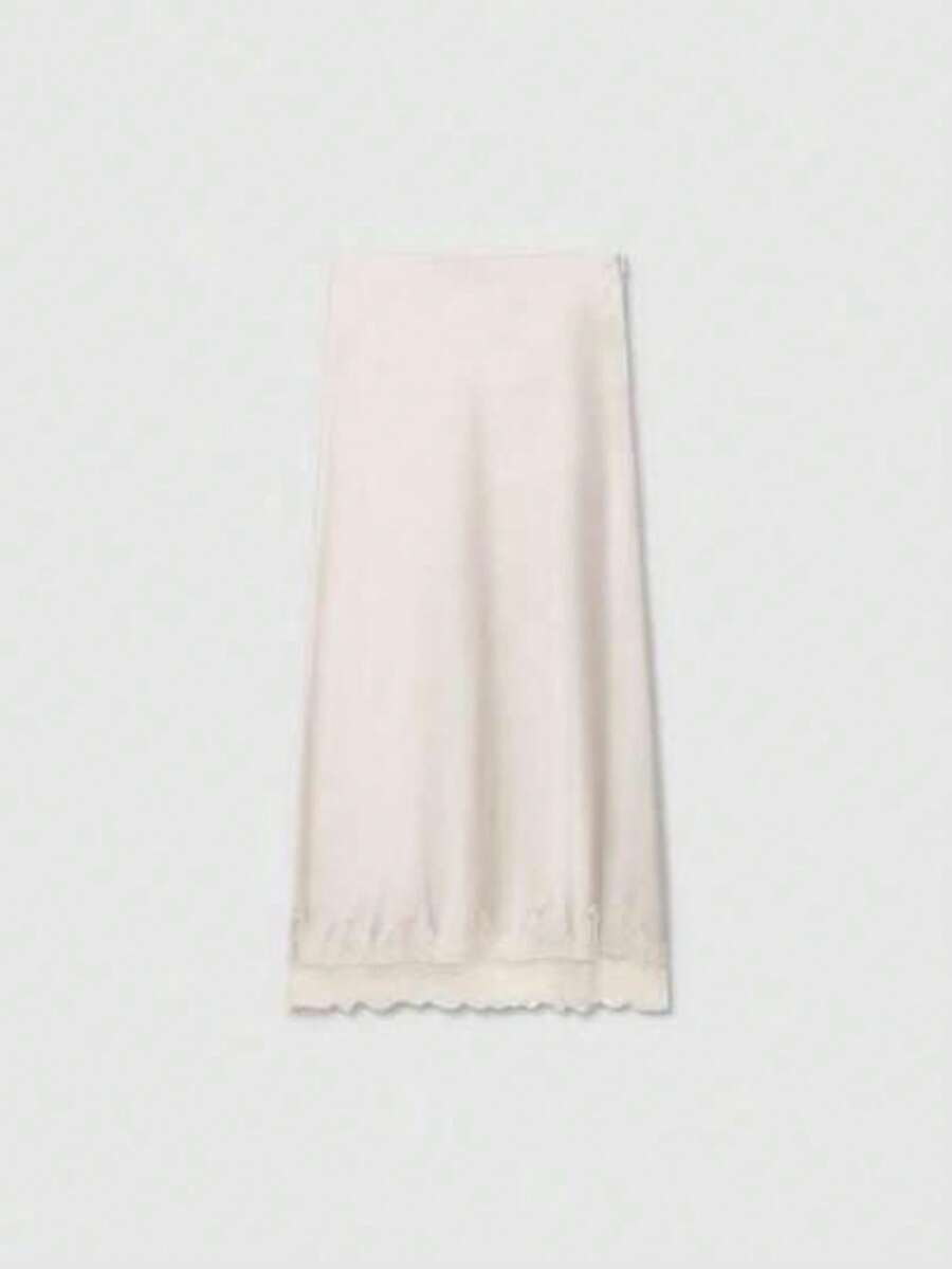 Falda elegante de color marrón sólido con parches de encaje, adecuada para el trayecto de primavera - Beis - Ver 1