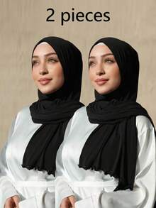 2pcs Women's Casual Solid Color Modal Soft Headscarf With Ruffle Edge, Arabic Style Long Headwrap, Conservative Plain Headscarf For Daily Use - Black 2-pack - View 3