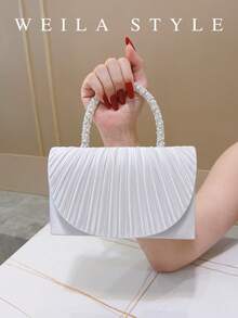 Elegant Silver Satin Pleated Evening Clutch Bag With Rhinestone And Pearl Handle, High-End Bridesmaid Wedding Dress Bag, Sophisticated Lady Crossbody Small Square Bag With Detachable Chain, Suitable For Formal Banquets, Balls, Parties, Holiday Celebrations, Dates, Social Events, Anniversary, Valentine's Day, Christmas, Mother's Day, Thanksgiving, Birthday Gift - Silver - View 4
