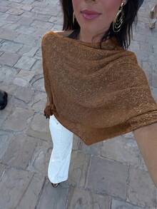 FOR BEAUTY 夏季 Y2K 優雅金屬感針織披肩式不對稱上衣 亮面寬鬆罩衫 度假度假穿搭 - 棕色 - 查看 5