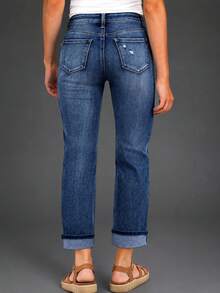 New Women's Fashion Elastic Distressed Skinny Jeans With Pockets - Elastic Straight Leg Jeans Casual Spring - Dark Wash - View 2
