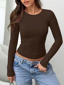 Women's Fitted T-Shirt With Round Neck, Long Sleeves, Pleats, Solid Color, Suitable For Summer, Autumn/Winter And Casual Spring Seasons - 全穀類咖啡 - 查看 1