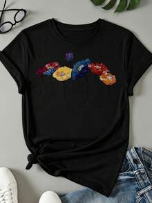 Women's Round Neck T-Shirt, Colorful Flowers Abstract Art Graphic, Casual And Fashionable Style, Suitable For Outdoor Sports And Holiday Gifts - 黑色 - 查看 7