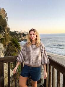 Vivid Style Summer/Autumn Basic Brown Striped Button-Up Cardigan, Old Money Style Short Five-Sleeve Knit Top, Back To School Outfit Inspiration Fall - Khaki - View 6