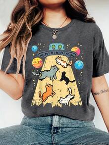Adorable Cat Print, Comfortable, Soft, Elegant, Vintage, Casual, Versatile For Parties, Available In Sizes S-XXL, Suitable For Spring, Summer, Autumn And Winter, Sporty Style KWCN - 深灰色 - 查看 1