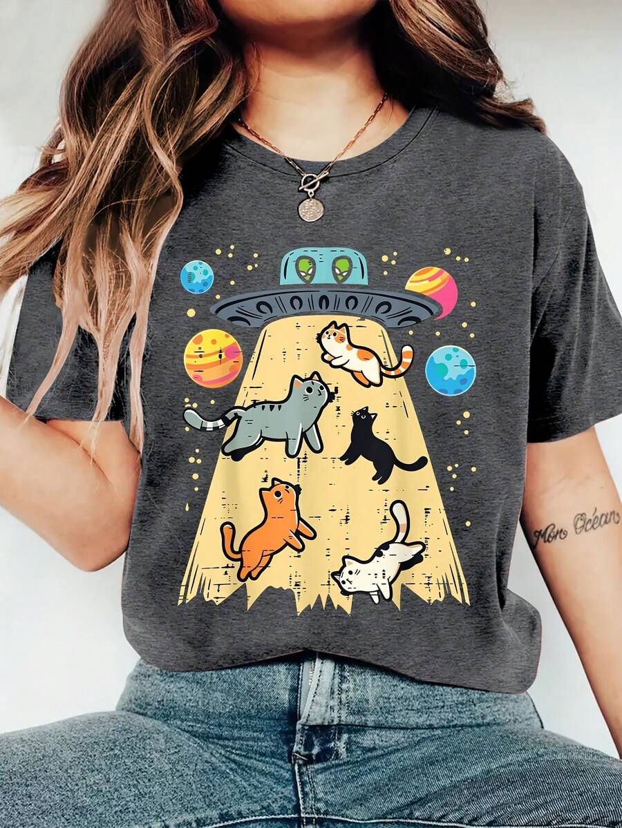 Adorable Cat Print, Comfortable, Soft, Elegant, Vintage, Casual, Versatile For Parties, Available In Sizes S-XXL, Suitable For Spring, Summer, Autumn And Winter, Sporty Style KWCN - 深灰色 - 查看 1