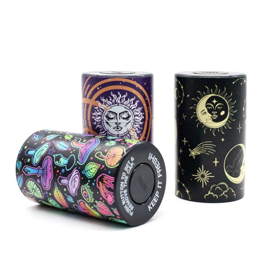 1PC Multi-Purpose Vacuum Storage Canister, Portable Press-Seal Storage Container, Multiple Patterns Available, Convenient For Pre-Rolled Cones Storage, Suitable For Travel, Multifunctional Home Storage Tool, Perfect Home Accessory Gift, Storage Supplies, Holiday Gift - Multicolor - View 1