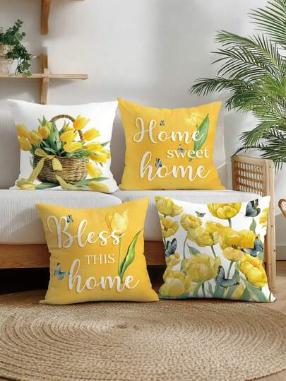 4pcs Simple Daily Yellow Tulip & Butterfly "Sweet Home" Pillow Case Set, Single-Sided Printed Peach Velvet Material, 45*45/50*50/40*40CM Cushion Cover For Modern Fabric Sofa Indoor Decor, Party Decoration, Gift