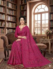 Estationeryhouse Bandhani Printed With Leaf Design Border With Unstitched Blouse Pc - Hot Pink - View 2