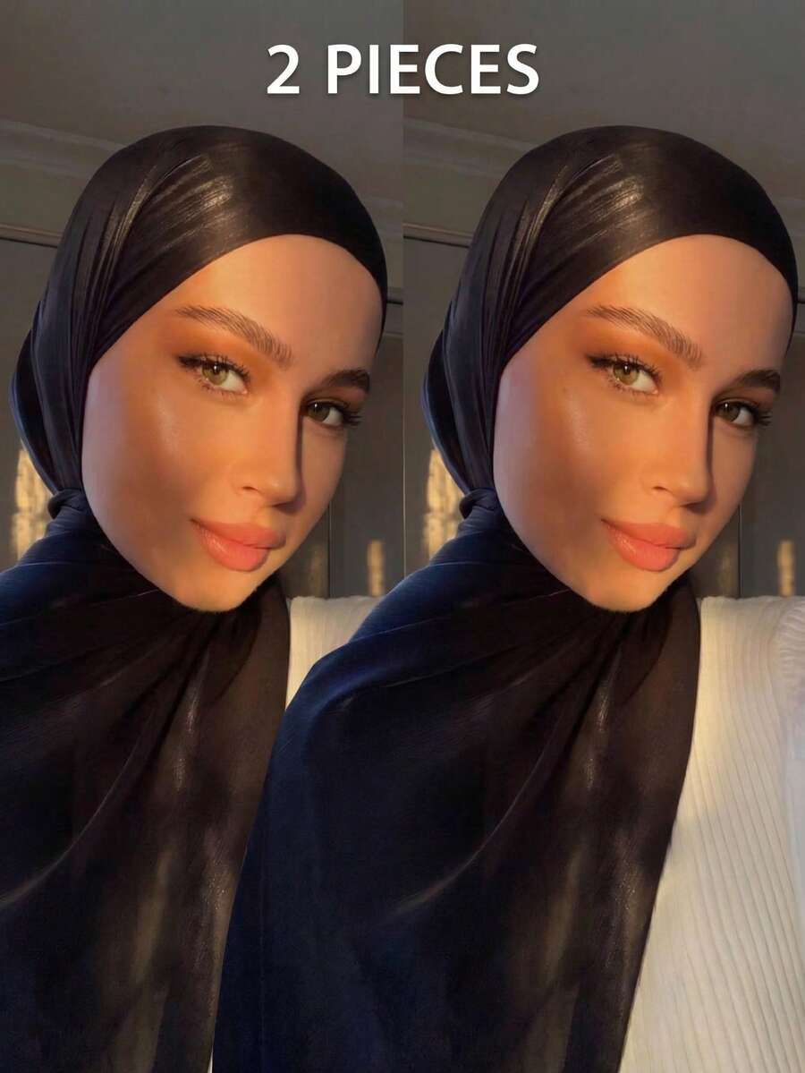 2pcs Women's Solid Color Island Silk Soft Headscarf Arabic Casual Long Scarf Conservative Solid Color Headwrap Suitable For Daily Use - Black 2-pack - View 1