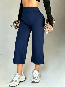 1pc Women's Yoga Pants Casual Sports Straight Leg High Waist Slimming Tummy Control Dance Wide Leg Capri Pants - Navy Blue - View 3